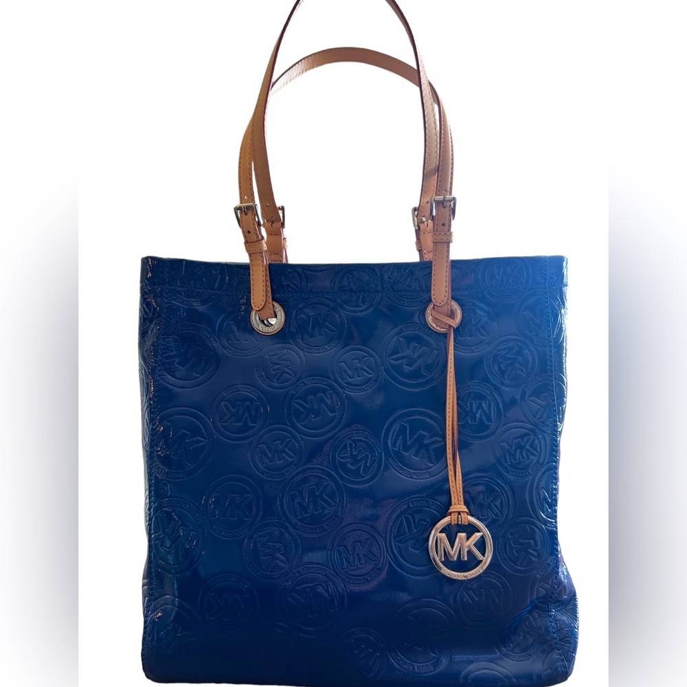 Michael Kors Cobalt Blue Tote Genuine Leather, MK Embossed Approx 16x13 NEW